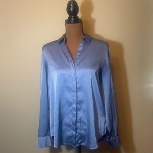 Slate Blue Satin Button Down Blouse